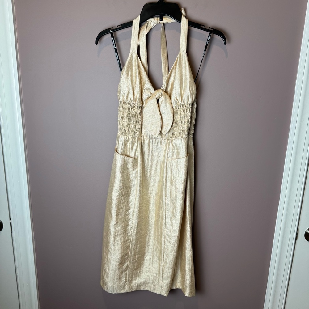 Betsey Johnson Blush Gold Halter Smocked Dress 6 - Picture 2 of 11